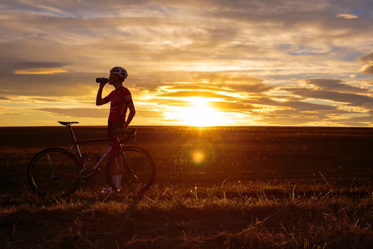 Biciclist pe câmp la apus